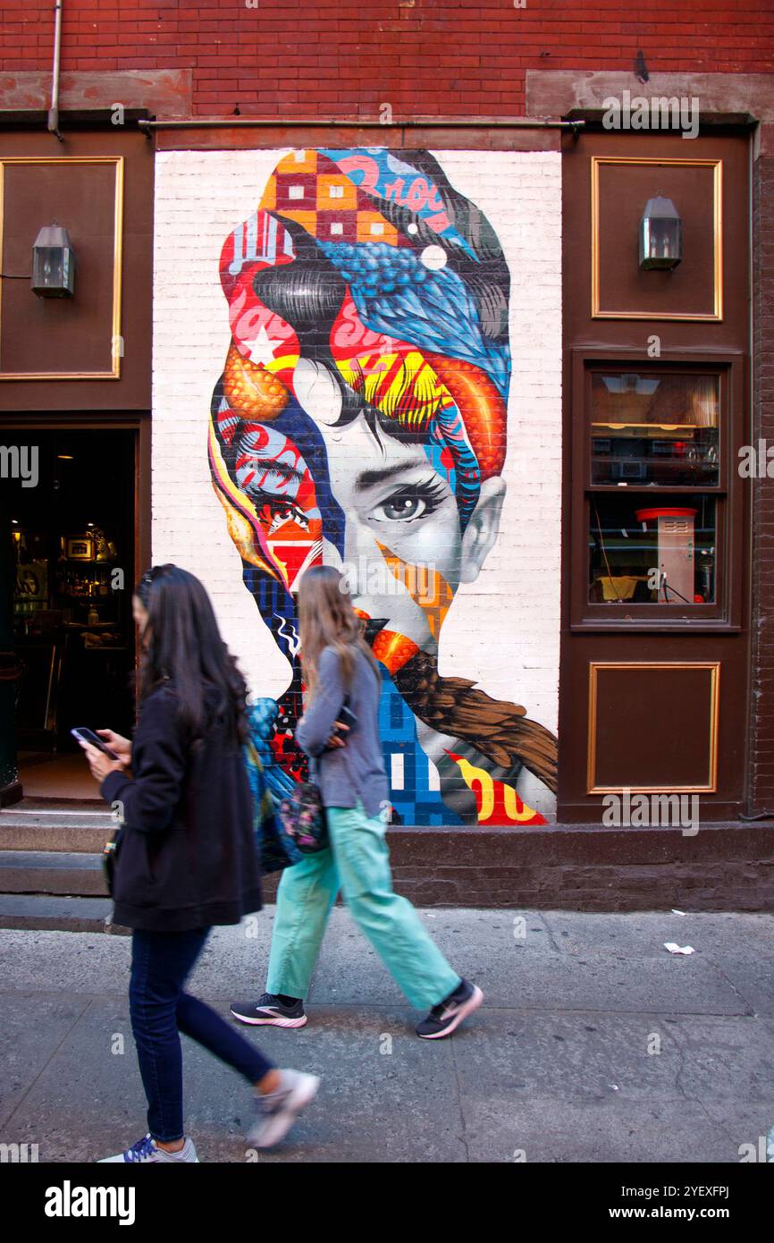 Colorato murale di audrey hepburn su un muro di mattoni in via dei gelsi, Little italy New york, persone che camminano in primo piano e un idrante del fuoco Foto Stock