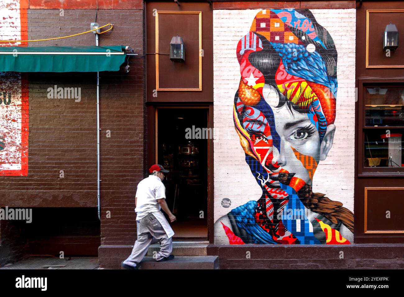 Colorato murale di audrey hepburn su un muro di mattoni in via dei gelsi, Little italy New york, persone che camminano in primo piano e un idrante del fuoco Foto Stock