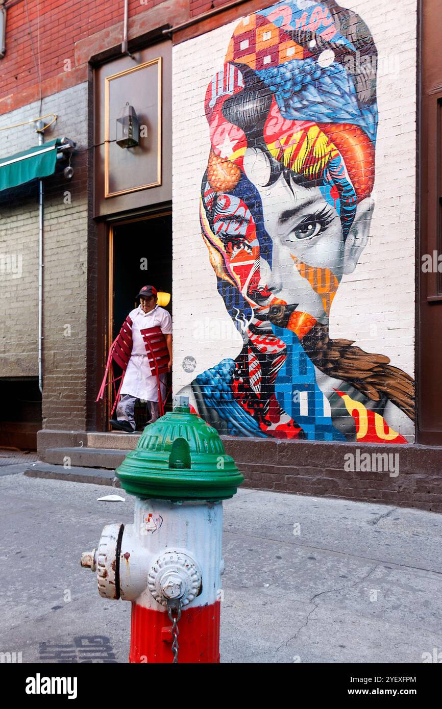 Colorato murale di audrey hepburn su un muro di mattoni in via dei gelsi, Little italy New york, persone che camminano in primo piano e un idrante del fuoco Foto Stock