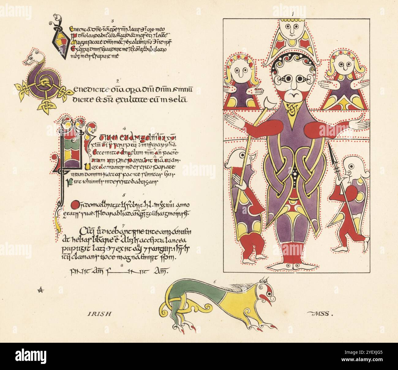 Manoscritti biblici irlandesi. Disegno della crocifissione 1 e testo 2 dal Salterio al St John's College, Cottoniano MS Galba A5 3, Vangelo di San Marco 4, voce sullo scriba Maelbrigte 5, leone di San Marco dai Vangeli Harleiani 1802 6 e lettere dai Vangeli Harleiani 1023 7,8. Chromolithograph dopo un'illustrazione di John Obadiah Westwood dalla sua Palaeographia Sacra Pictoria, essendo una serie di illustrazioni delle versioni antiche della Bibbia, copiate da Illuminated Manuscripts, William Smith, Londra, 1843. Foto Stock
