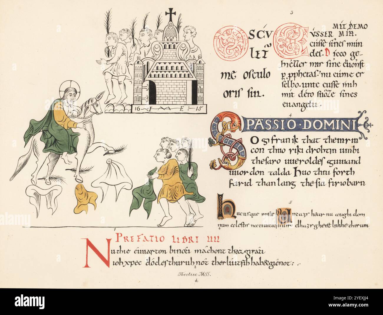 Manoscritti teotici, antica lingua franca, dal IX all'XI secolo. Ingresso di Cristo a Gerusalemme e parafrasi dei Vangeli di Otfrido, IX secolo, parafrasi di Willeram sui Cantici XI secolo, armonia evangelica teotisica nella Biblioteca Cottoniana e frammenti di diglot di Sant'Isidoro, IX secolo. Chromolithograph dopo un'illustrazione di John Obadiah Westwood dalla sua Palaeographia Sacra Pictoria, essendo una serie di illustrazioni delle versioni antiche della Bibbia, copiate da Illuminated Manuscripts, William Smith, Londra, 1843. Foto Stock