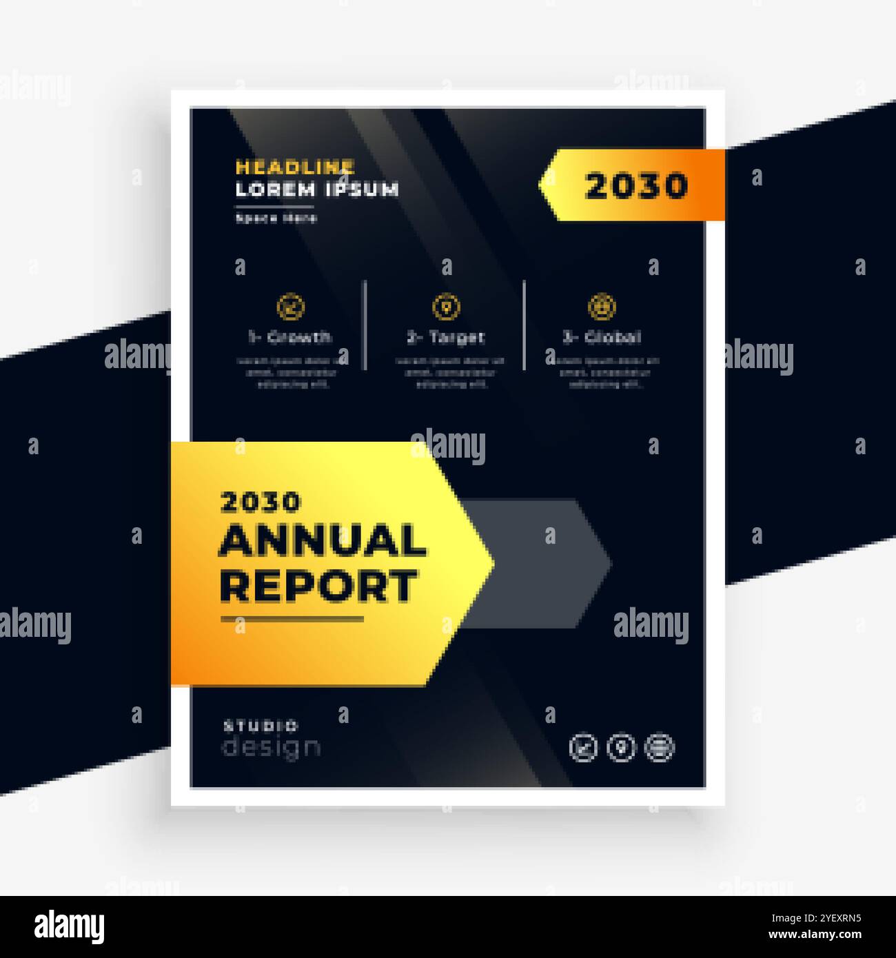 design elegante del modello di opuscolo con report annuale in nero e giallo Illustrazione Vettoriale
