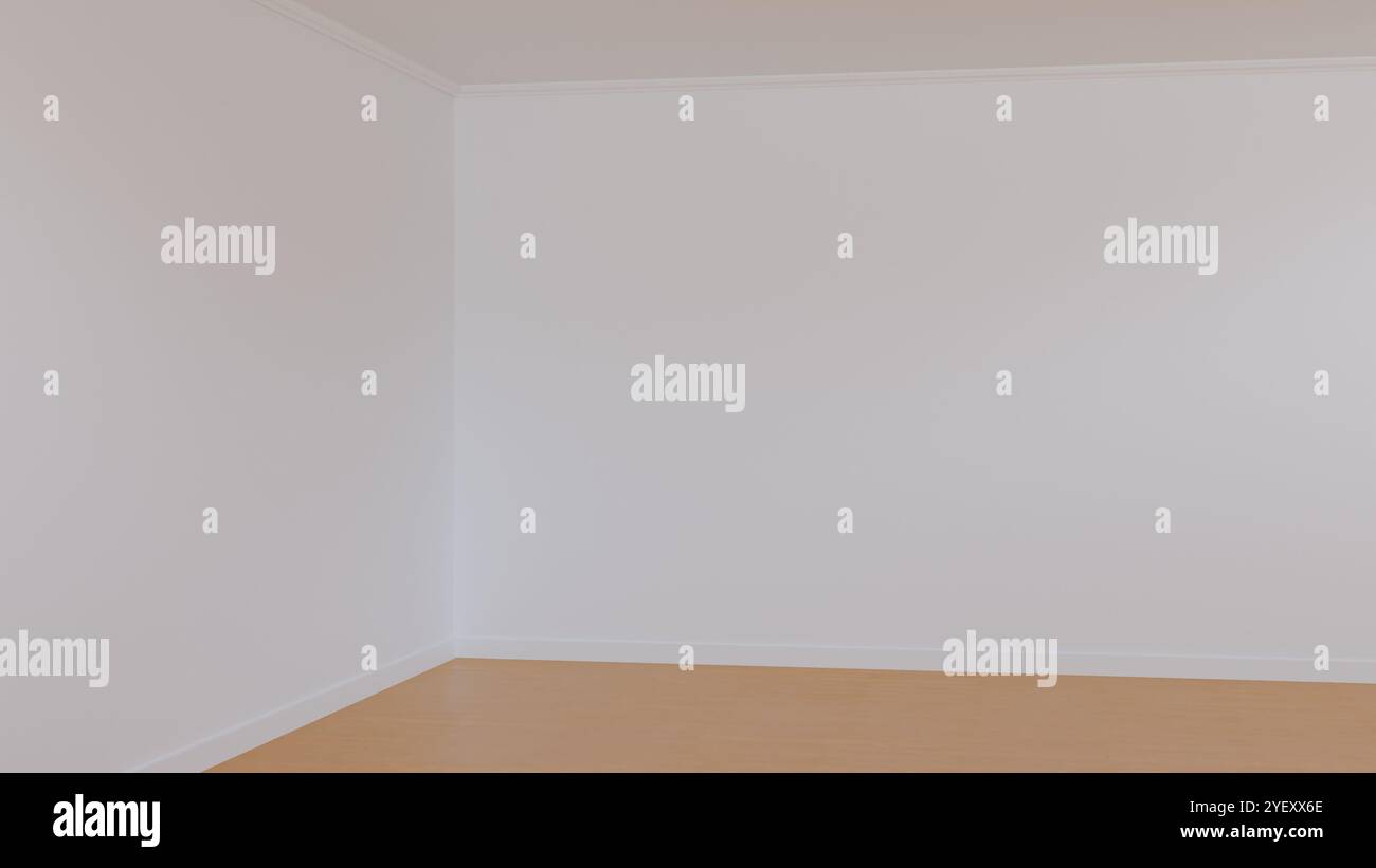 Angolo di una camera vuota con pareti bianche e pavimento in legno, ideale come sfondo neutro e spazio vuoto per un design creativo. rendering 3d. Foto Stock