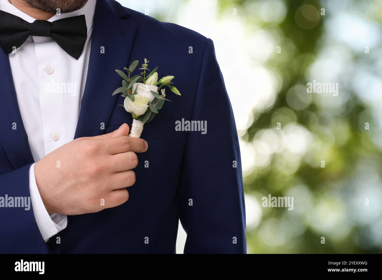 Sposo con boutonniere all'aperto, primo piano. Accessorio per matrimoni Foto Stock