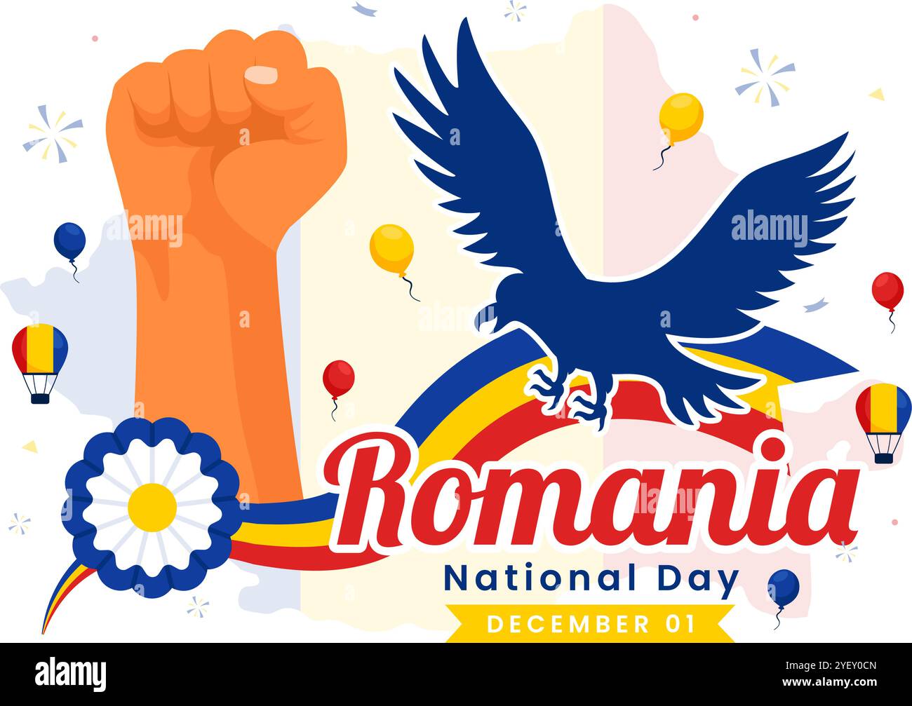 Illustrazione della giornata nazionale della Romania con la bandiera rumena che sventolava in occasione della celebrazione della grande festa commemorativa dell'Unione, con uno sfondo festoso Illustrazione Vettoriale