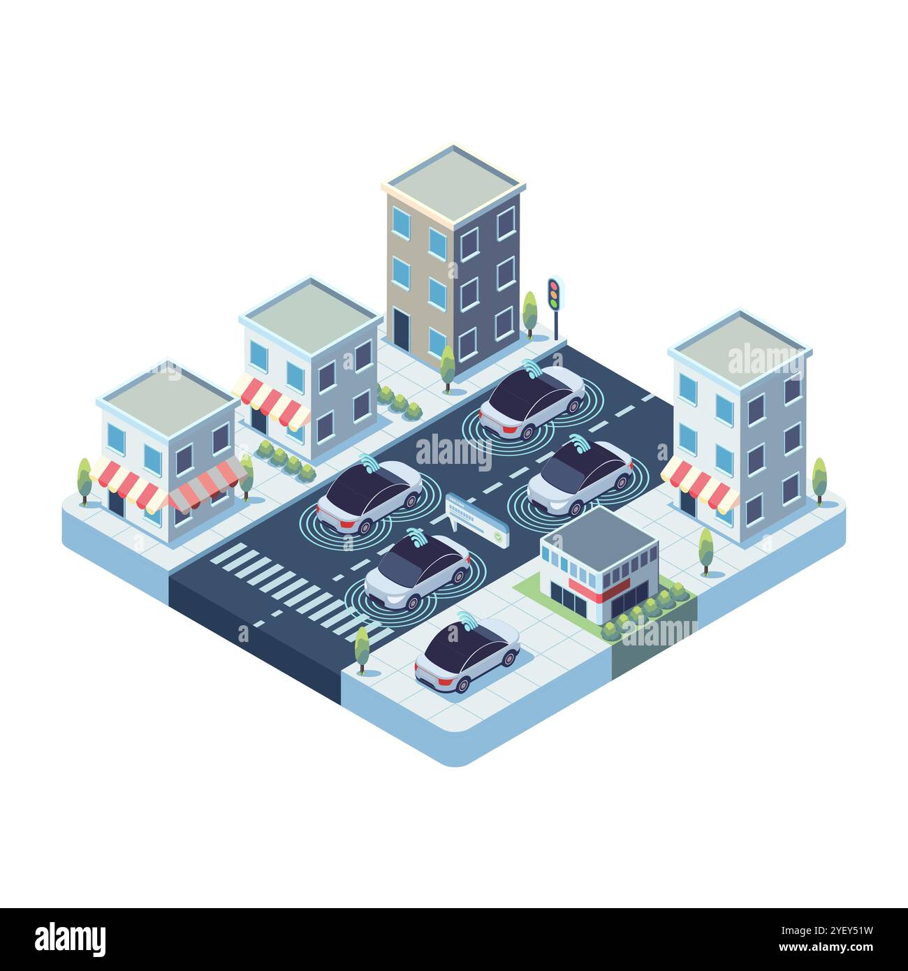 Veicoli autonomi isometrici o auto a guida autonoma con sensori avanzati in Smart City. Concetto di veicoli autonomi Illustrazione Vettoriale