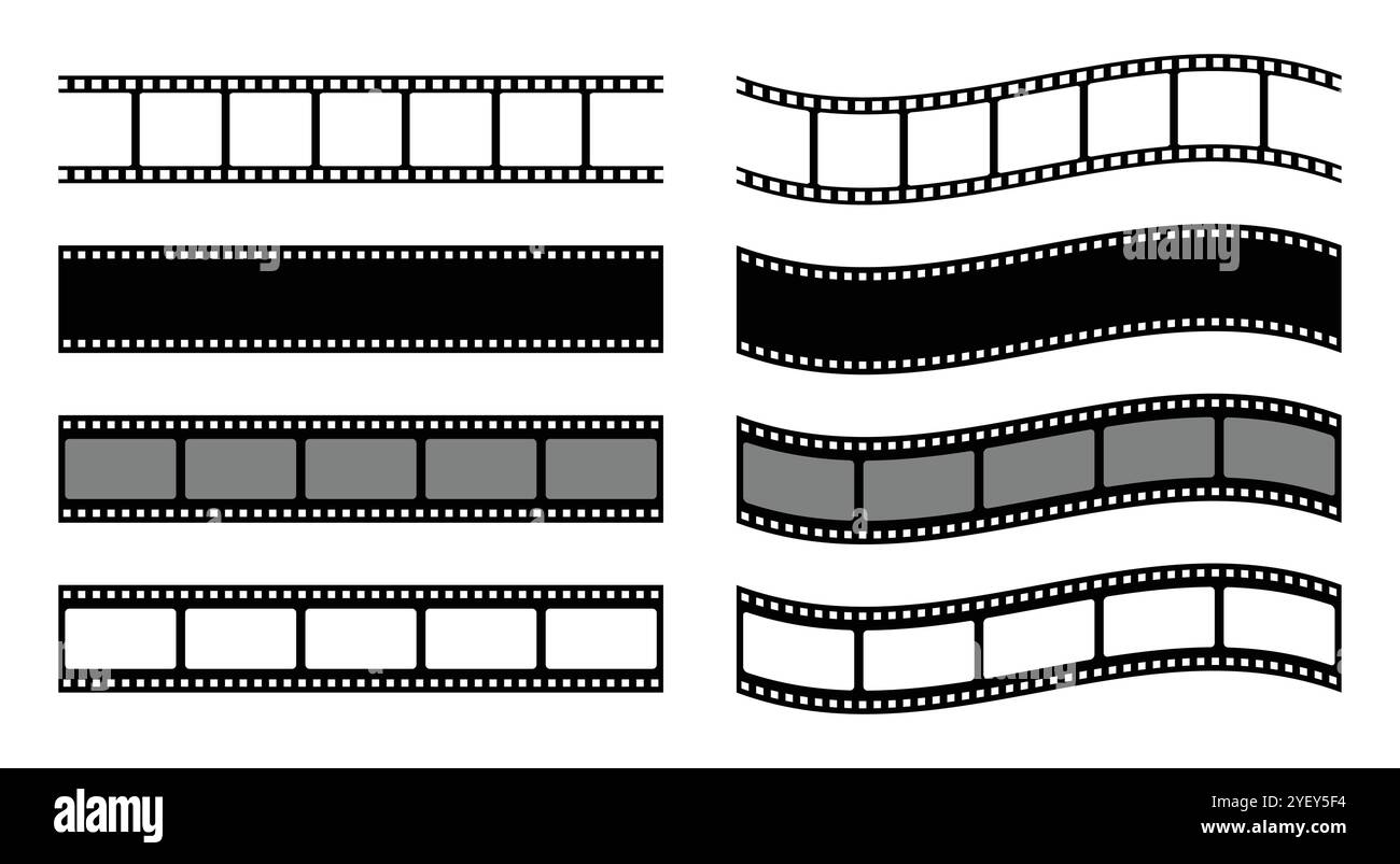 Raccolta di icone vettoriali della pellicola. Set di icone vettoriali della pellicola isolate. Nastri per film, cinema e bobina. Icone vettoriali dell'area Provino. Illustrazione Vettoriale