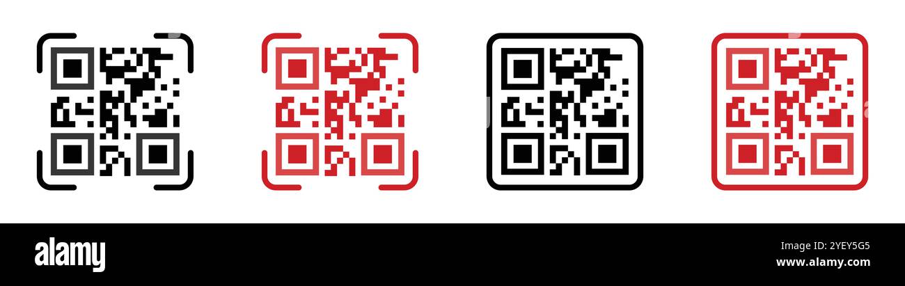 Set di icone codice QR. Il simbolo dell'icona dello scanner per codici a barre è di colore rosso e nero isolato su sfondo bianco. Icona del lettore del codice di scansione del prodotto. Scansione del codice a barre. Illustrazione Vettoriale