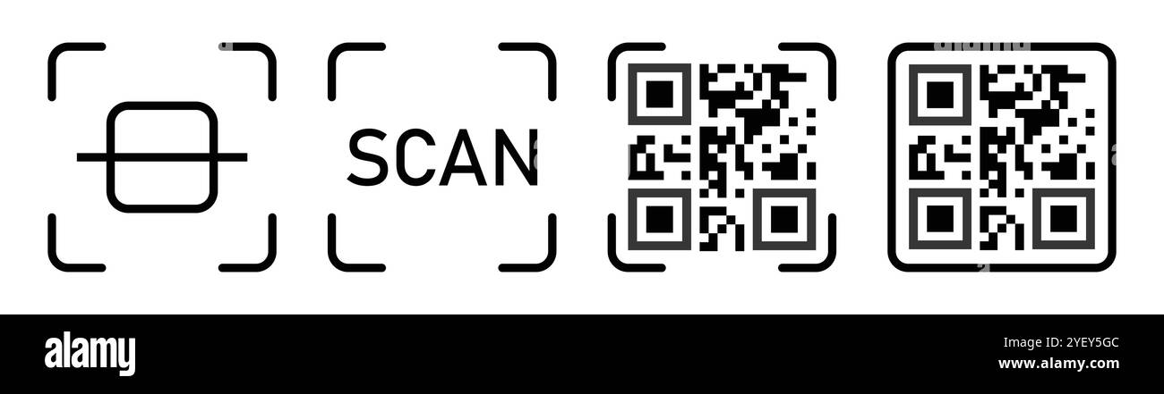 Simbolo dell'icona dello scanner di codici a barre impostato in nero isolato su sfondo bianco. Set di icone codice QR. Icone del lettore del codice di scansione del prodotto. Lettore di codici a barre. Illustrazione Vettoriale