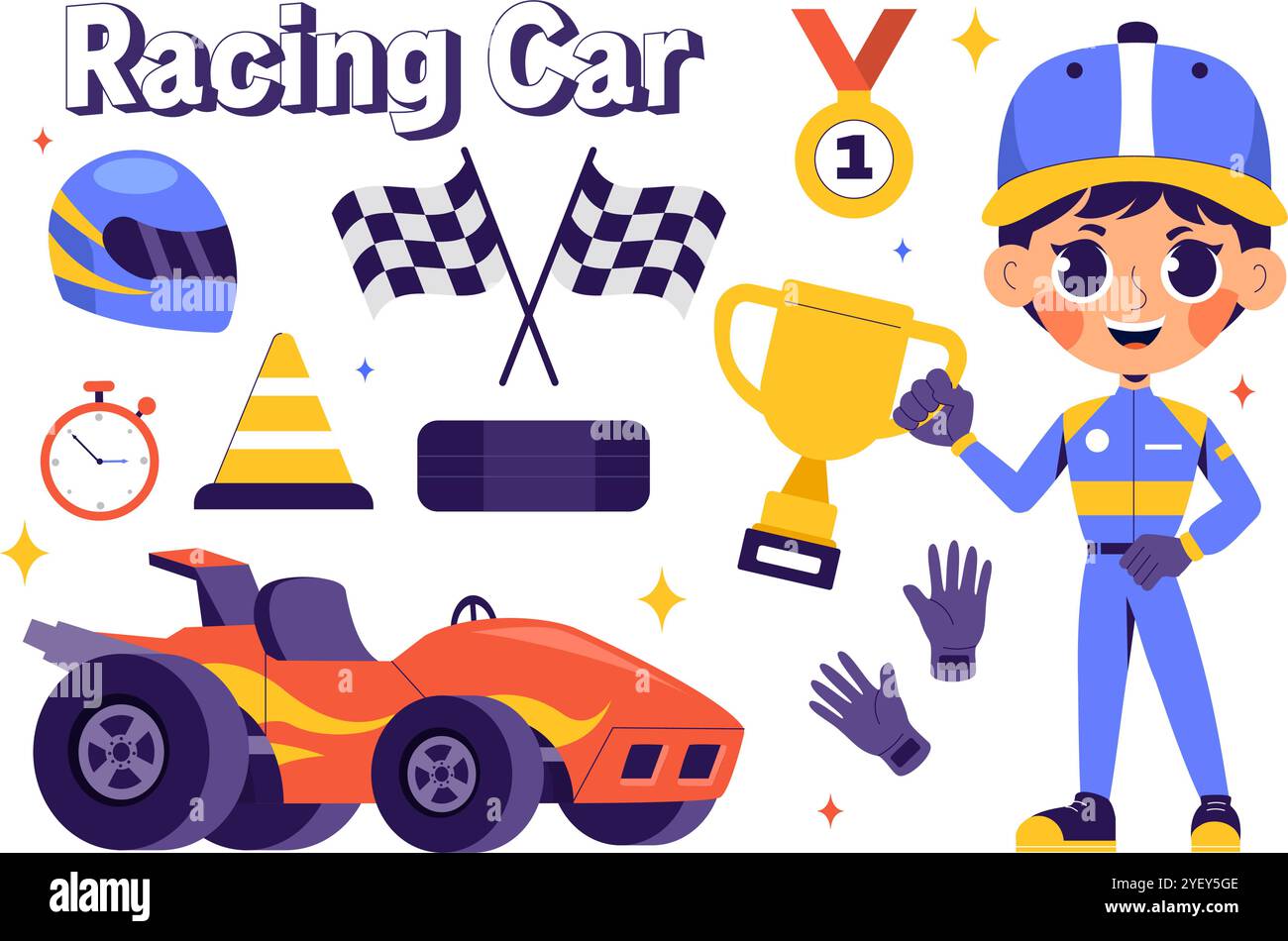 Illustrazione vettoriale della Formula Racing Sports Car che raggiunge il traguardo sul circuito di gara gareggiando per vincere il campionato su uno sfondo piatto Illustrazione Vettoriale