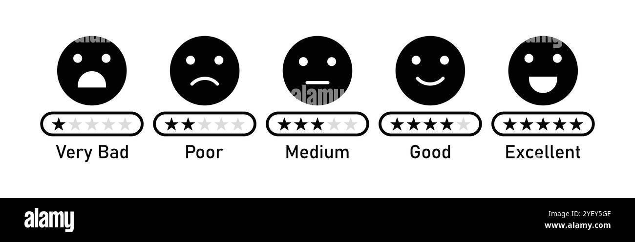 Set di icone emoji per la valutazione della silhouette. Icona emoji valutazione feedback impostata in nero. Set di icone emoji di valutazione a cinque stelle. Emoji di valutazione della soddisfazione del cliente. Illustrazione Vettoriale