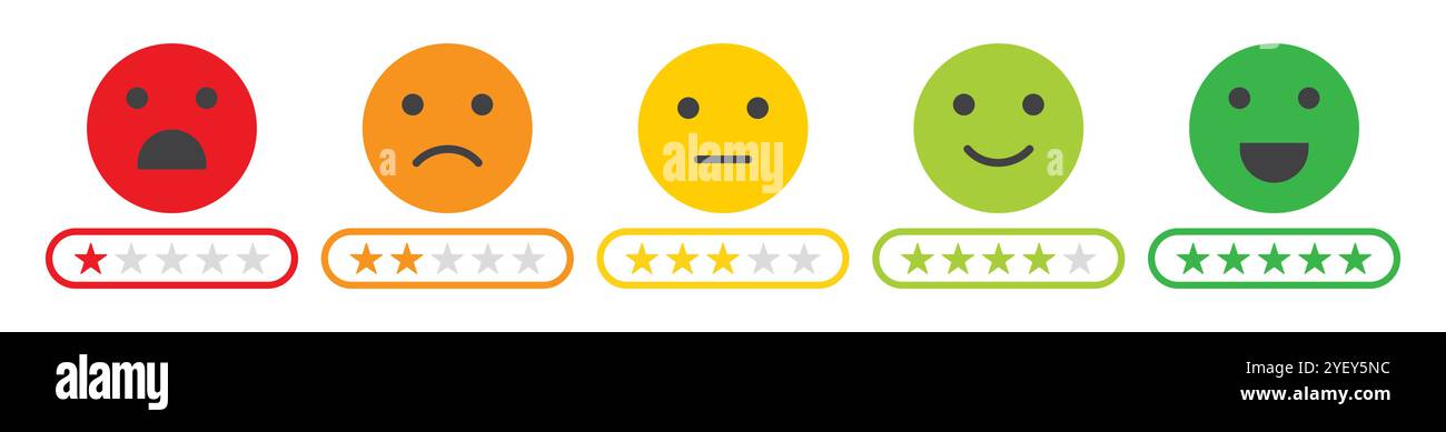 Illustrazione del vettore emoji di feedback. Set di icone emoji di valutazione in colori diversi. Icona vettoriale emoji di valutazione a stelle. Icone emoji di valutazione a cinque stelle isolate. Illustrazione Vettoriale