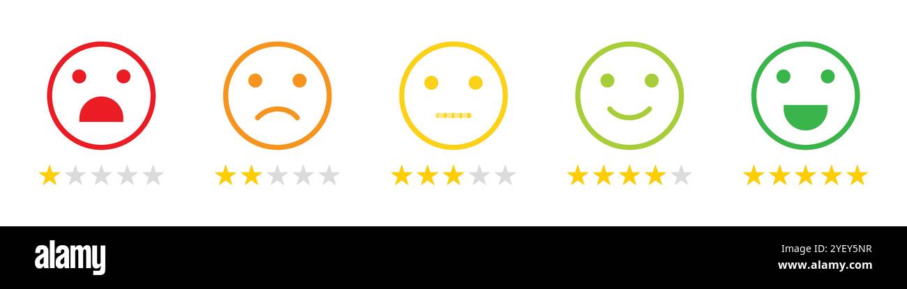 Icona emoticon del livello di soddisfazione ret dei clienti. Icona emoji di valutazione impostata con un contorno di colore diverso. Set di icone emoji con valutazione a stelle. Icone vettoriali. Illustrazione Vettoriale