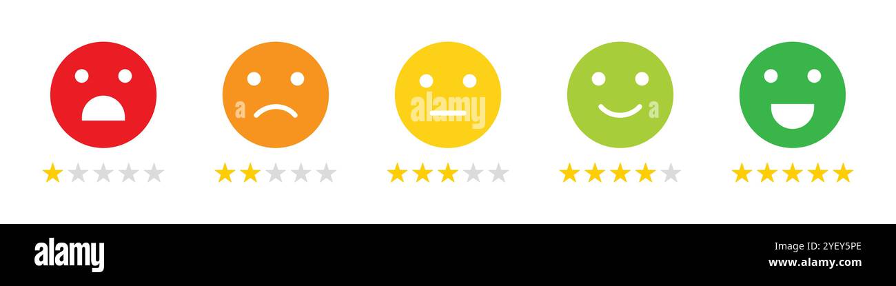 Icona emoji di valutazione. Set di icone emoji di valutazione a stelle di feedback isolate su sfondo bianco. Illustrazione vettoriale. Illustrazione Vettoriale