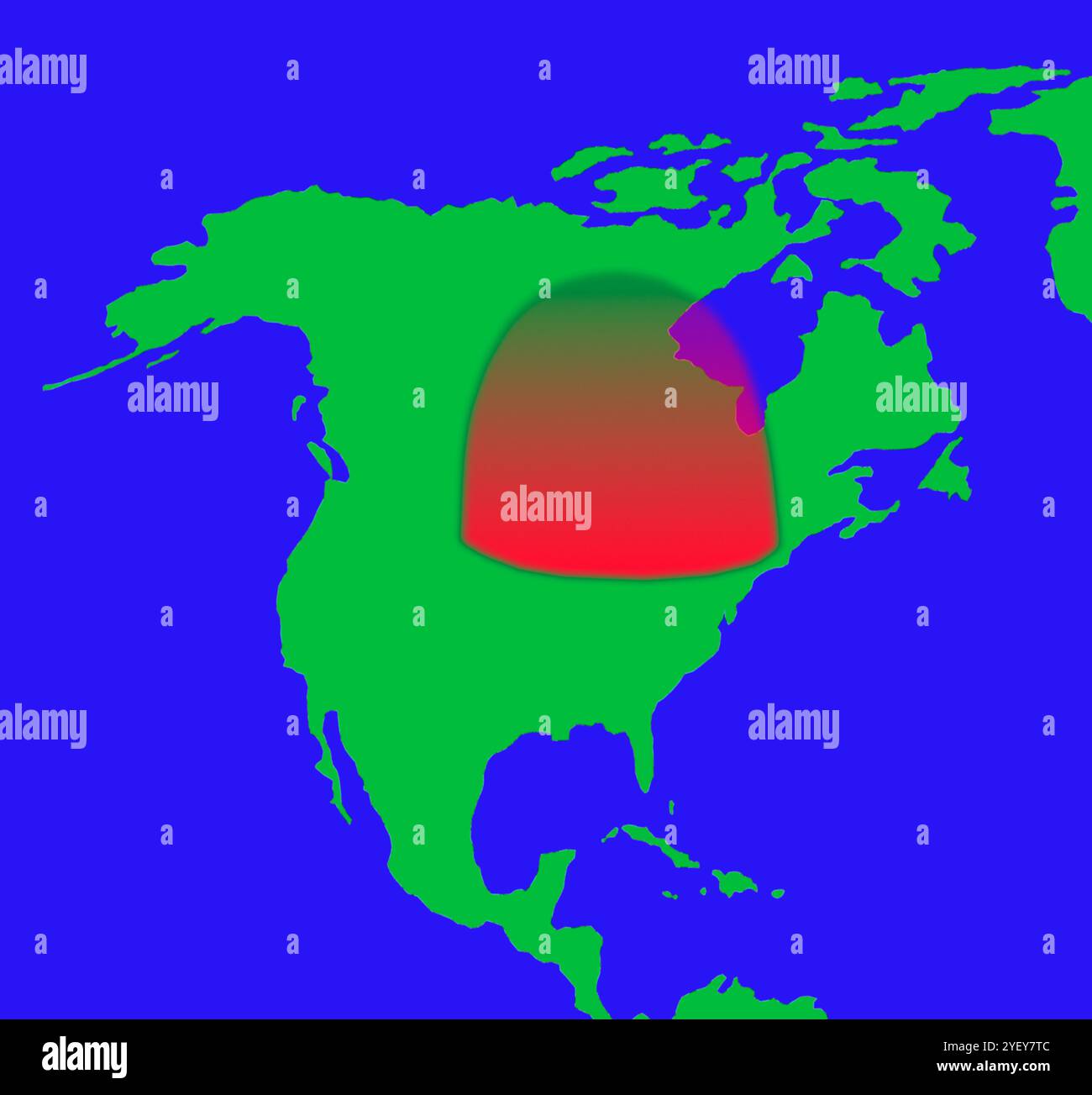 Illustrazione concettuale di una cupola di calore sopra il Nord America. Una cupola di calore è un fenomeno meteorologico in cui l'aria calda è intrappolata su una determinata area, causando calore estremo. Si verificano quando un forte sistema ad alta pressione nei livelli superiori dell'atmosfera diventa stazionario su una regione. In questo modo l'aria calda viene confinata sotto l'alta pressione in stallo, mentre il sole intensifica ulteriormente il calore. L'effetto è simile a quello di mettere un coperchio su una pentola, intrappolando l'aria calda e impedendone la fuoriuscita. Foto Stock