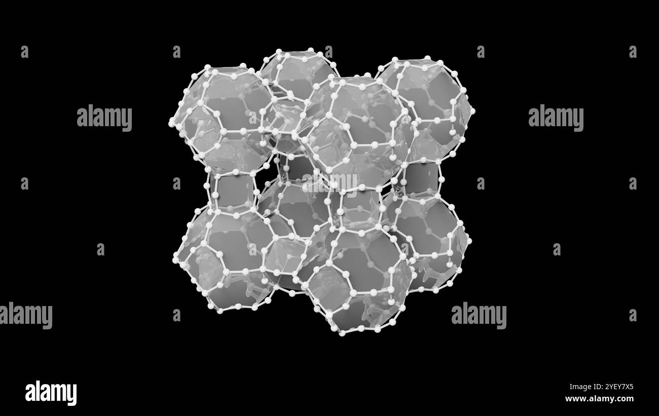 Illustrazione della struttura molecolare di una struttura zeolite. Le zeoliti sono minerali alluminosilicati idratati e hanno una struttura microporosa. Hanno la formula generale (MAlO2)(SiO2)x(H2O)y dove M è solitamente idrogeno (H+) e sodio (Na+). Le zeoliti possono avere strutture di struttura diverse; questa è la forma comune Linde Type A di zeolite. I materiali zeoliti sono utilizzati nei sistemi di depurazione delle acque, bonifica del suolo e trattamento dei rifiuti e sono in fase di studio per l'uso nella cattura e nello stoccaggio di gas a effetto serra, compresa la CO2. Foto Stock