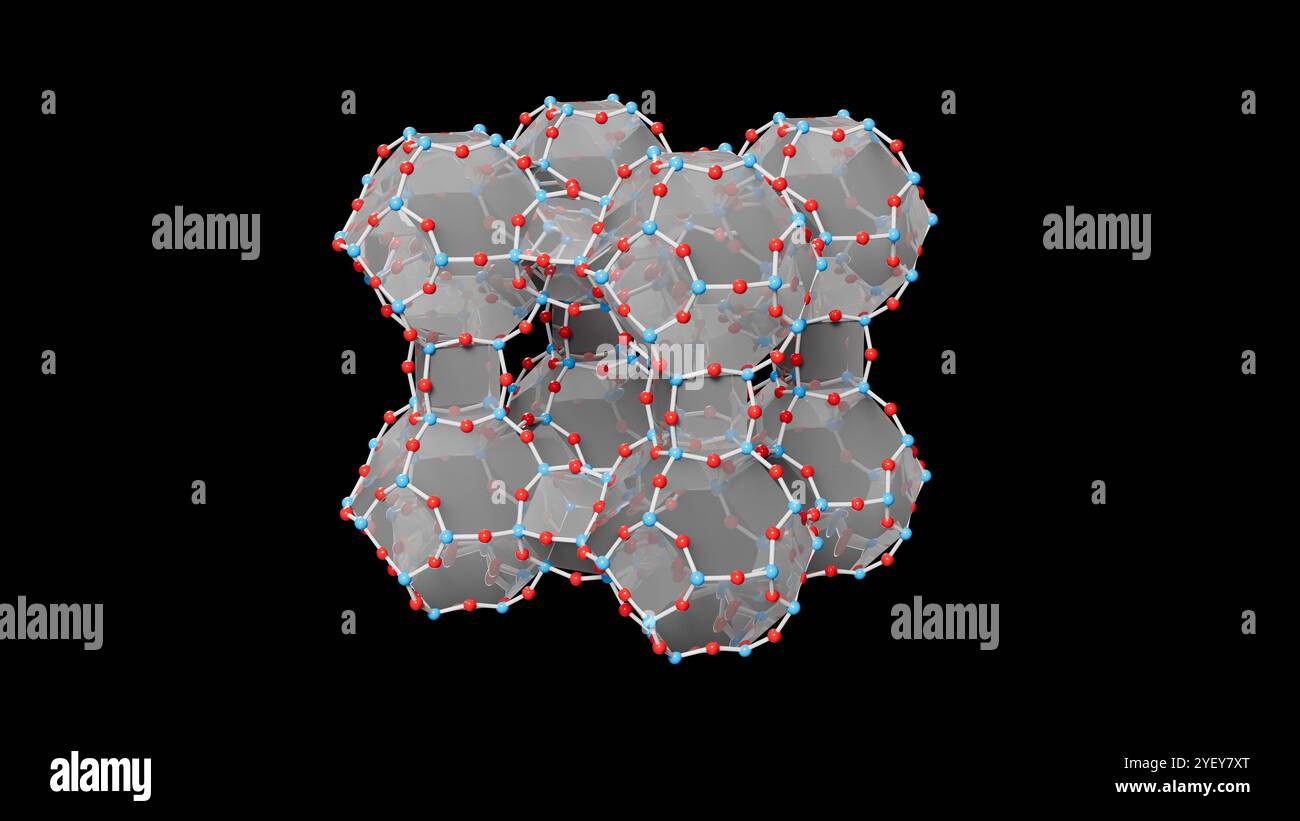 Illustrazione della struttura molecolare di una struttura zeolite. Le zeoliti sono minerali alluminosilicati idratati e hanno una struttura microporosa. Hanno la formula generale (MAlO2)(SiO2)x(H2O)y dove M è solitamente idrogeno (H+) e sodio (Na+). Le zeoliti possono avere strutture di struttura diverse; questa è la forma comune Linde Type A di zeolite. I materiali zeoliti sono utilizzati nei sistemi di depurazione delle acque, bonifica del suolo e trattamento dei rifiuti e sono in fase di studio per l'uso nella cattura e nello stoccaggio di gas a effetto serra, compresa la CO2. Foto Stock