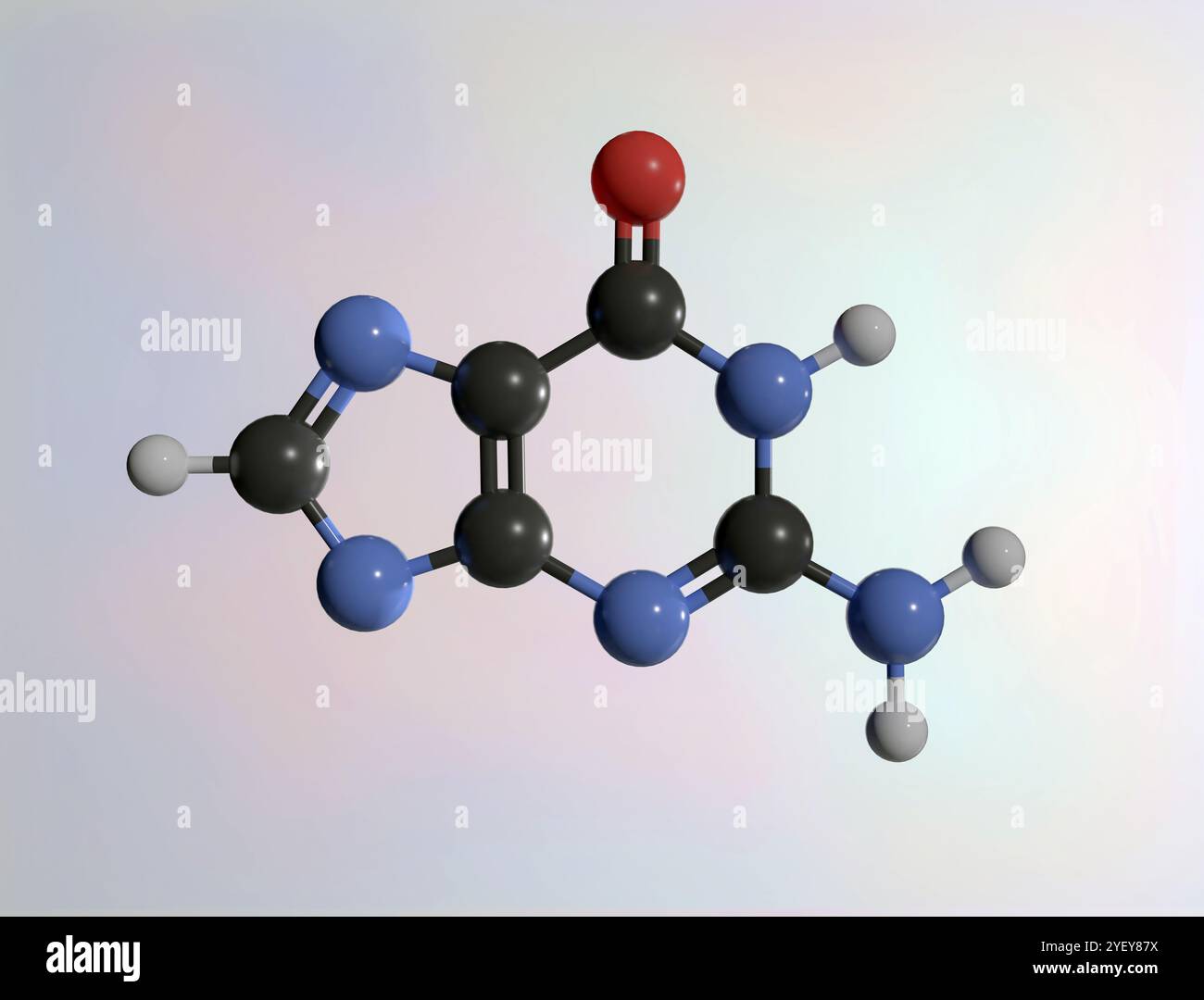 Illustrazione al computer di un modello a sfera e bastone di una molecola di guanina, una delle cinque nucleobasi presenti sia nel DNA (acido deossiribonucleico) che nell'RNA (acido ribonucleico). Gli atomi sono rappresentati come sfere e sono codificati a colori: Idrogeno (bianco), carbonio (grigio scuro), azoto (blu) e ossigeno (rosso). Foto Stock