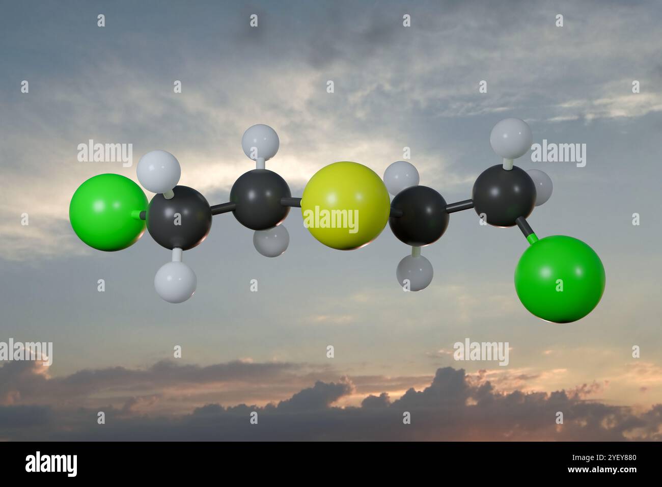 Illustrazione al computer di un modello a sfera e bastone di una molecola di senape allo zolfo. Gli atomi sono rappresentati come sfere e sono codificati a colori: Idrogeno (bianco), carbonio (nero), cloro (verde) e zolfo (giallo). Foto Stock