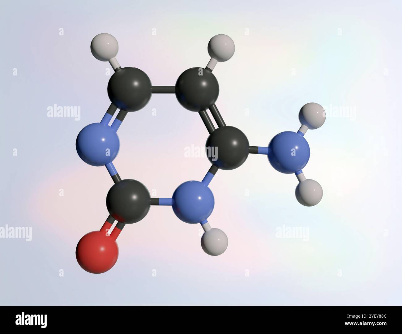 Illustrazione al computer di un modello a sfera e bastone di una molecola di citosina, una delle cinque nucleobasi presenti sia nel DNA (acido desossiribonucleico) che nell'RNA (acido ribonucleico). Gli atomi sono rappresentati come sfere e sono codificati a colori: Idrogeno (bianco), carbonio (grigio scuro), azoto (blu) e ossigeno (rosso). Foto Stock