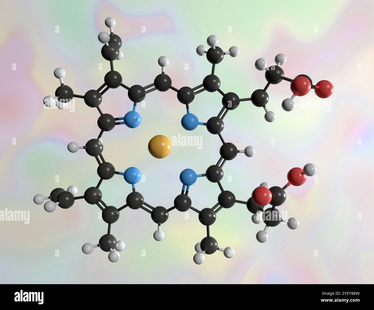 Illustrazione al computer di un modello di sfera e bastone di una molecola di HEM b. Gli atomi sono rappresentati come sfere e sono codificati a colori: Idrogeno (bianco), carbonio (nero), ossigeno (rosso), azoto (blu) e ferro (giallo marrone). Foto Stock