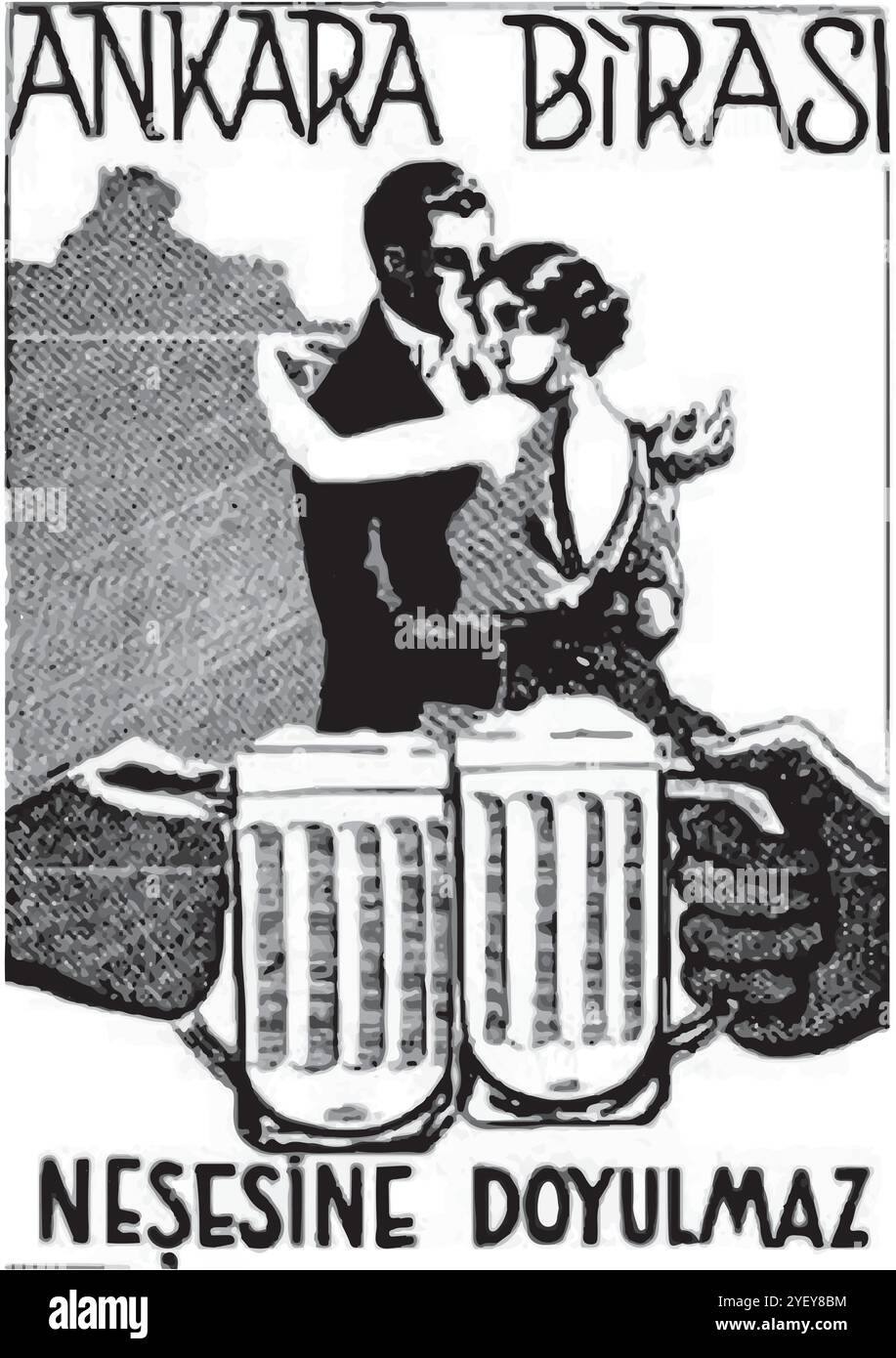 Uomo e donna che ballano con un bicchiere di birra, tazza in mano, tipografia retrò, nostalgico stile pubblicitario, romantico, applauso Illustrazione Vettoriale
