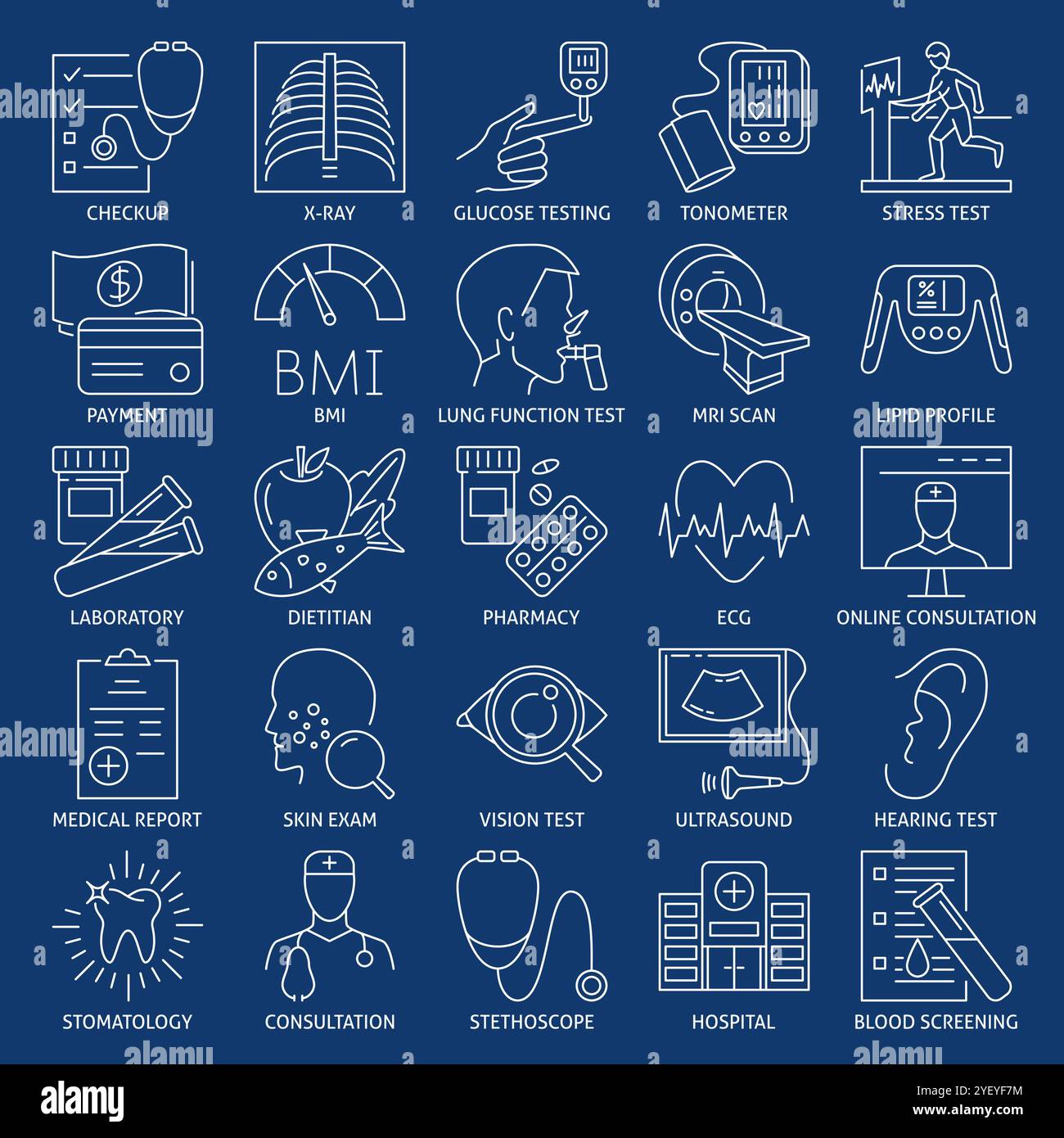 Set di icone della linea di controllo dello stato. Simboli medici, assistenza sanitaria. Illustrazione vettoriale. Illustrazione Vettoriale