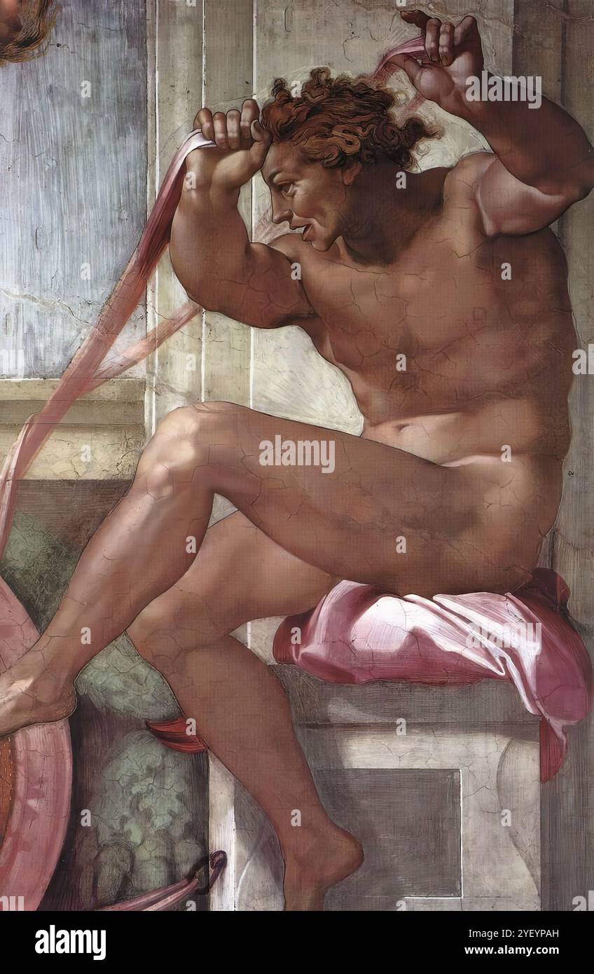 MICHELANGELO di Lodovico Buonarroti Simoni (B. 1475, Caprese, d. 1564, Roma) Ignudo 1511 affresco Cappella Sistina, Vaticano l'immagine mostra l'Ignudo nell'angolo in alto a destra della separazione della Terra dalle acque (sopra il profeta Daniele). Le pose delle coppie di ignudi diventano gradualmente più dinamiche e agitate. I due sopra la Sibilla persiana (a sinistra) si piegano all'indietro in direzioni opposte, mentre uno di quelli sopra il profeta Daniele (a destra) si piega in avanti, dando uno sguardo preoccupato allo spettatore, e l'altro alza il braccio in un movimento che ricorda Hellenisti Foto Stock