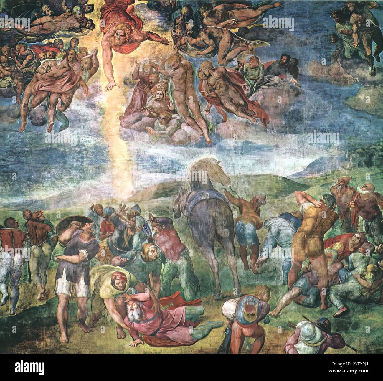 MICHELANGELO di Lodovico Buonarroti Simoni (nato 1475, Caprese, d. 1564, Roma) la conversione di Saul 1542-45 affresco, 625 x 661 cm Cappella Paolina, Palazzi Pontifici, Vaticano la conversione di Saul (San Paolo) è il più noto e più ampiamente rappresentato dei temi paolini (atti 9, 1-9). Sulla strada per Damasco, dove avrebbe ottenuto l'autorizzazione dalla sinagoga ad arrestare i cristiani, Paolo fu colpito a terra, accecato da un'improvvisa luce dal cielo. La voce di Dio, ascoltata anche dagli assistenti di Paolo, come gli artisti chiariscono, disse: "Saul, Saul, perché mi perseguitate?" Hanno portato l'hi Foto Stock