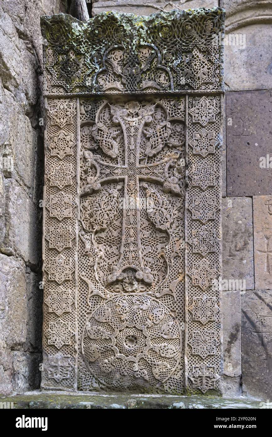 Il famoso khachkar a Goshavank, scolpito nel 1291 dall'artista Poghos, Armenia, Asia Foto Stock