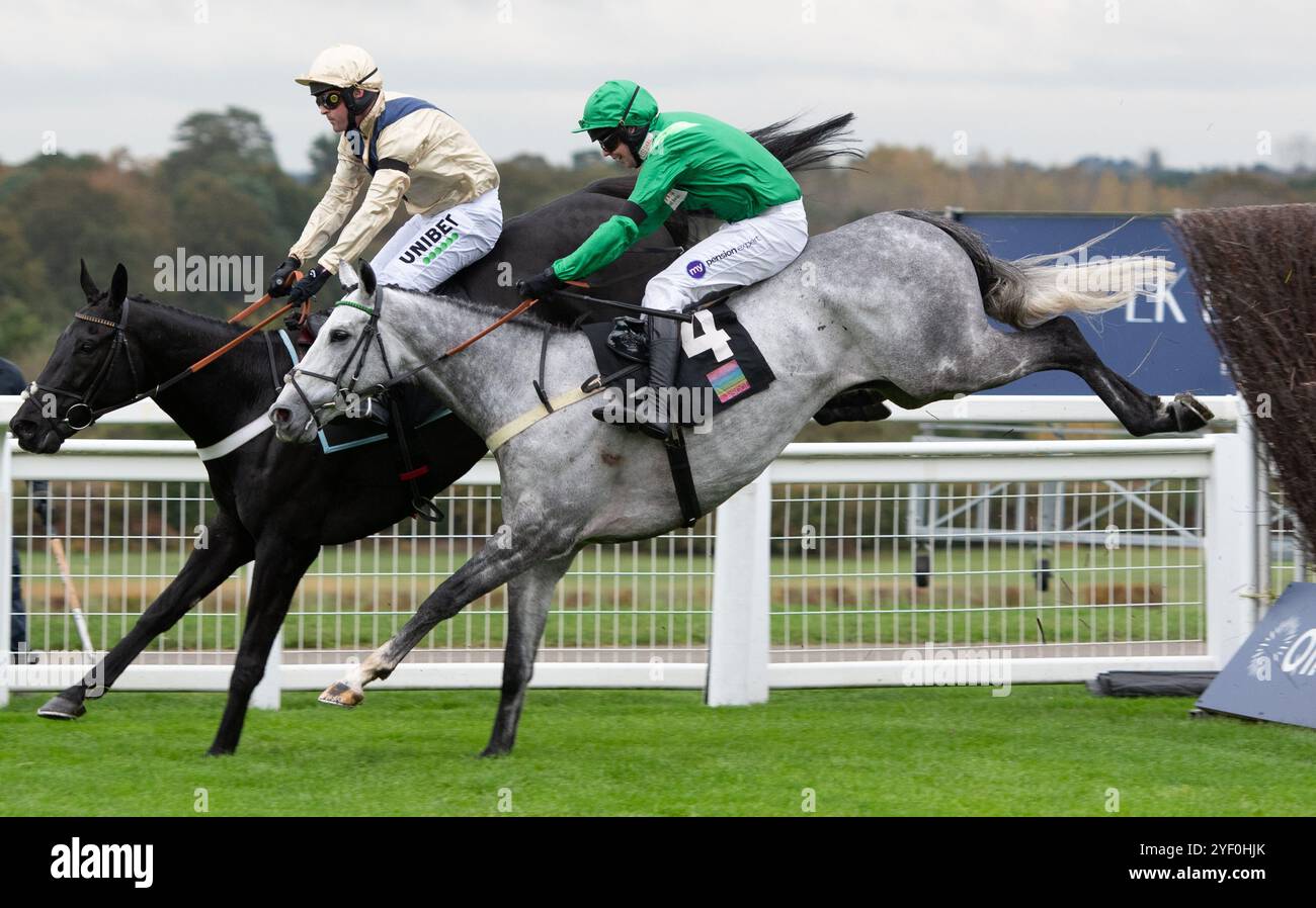 Ascot, Regno Unito, sabato 2 novembre 2024; Bhaloo e il fantino Nico de Boinville vincono l'Ascot Underwriting Novices' Limited handicap Steeplechase per l'allenatore Nicky Henderson e il proprietario Dash Grange Stud Crediti JTW equine Images / Alamy Live News. Foto Stock