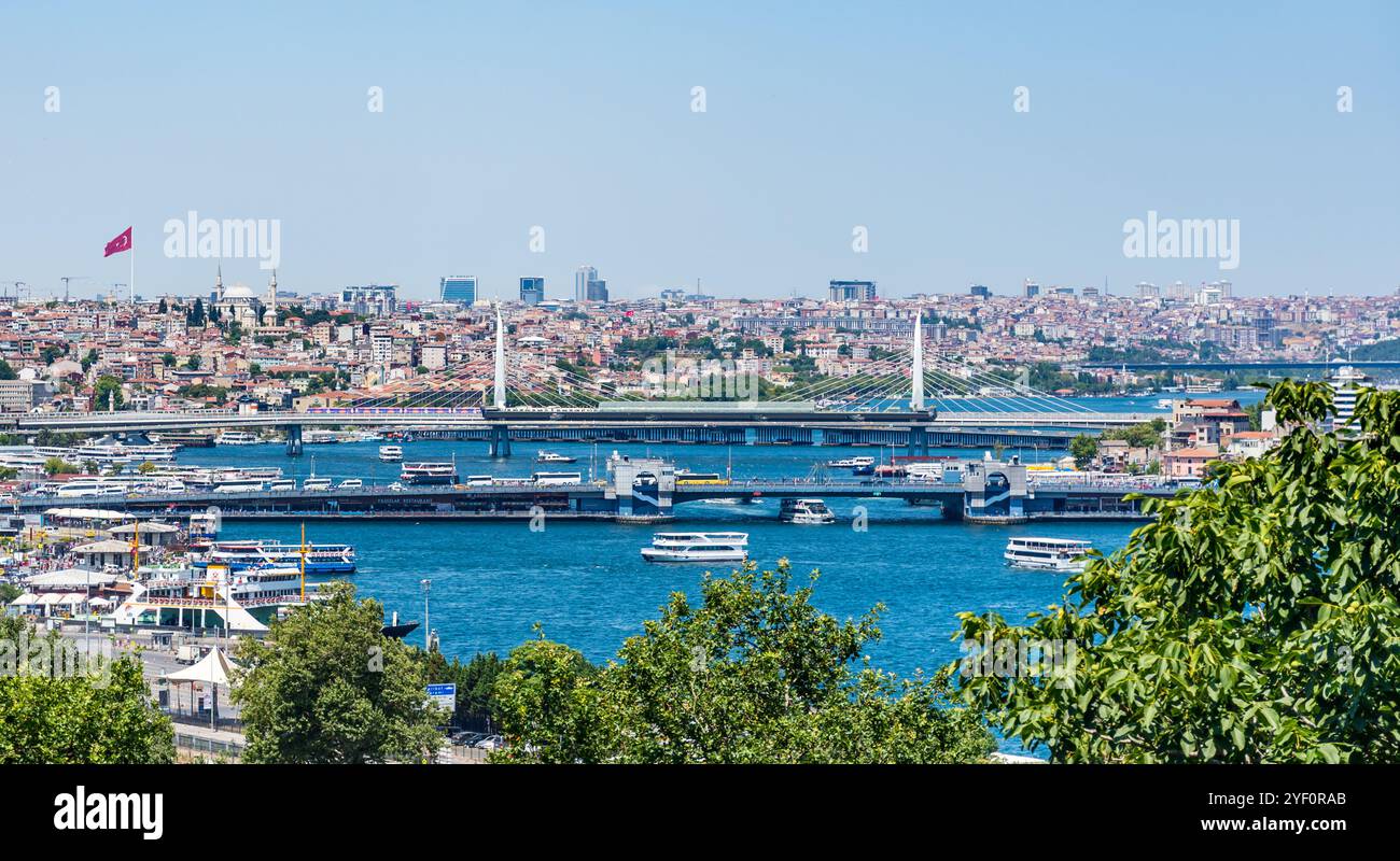Vista del Corno d'Oro con il Ponte Galata dal Palazzo Topkapi di Istanbul, Turchia. Foto Stock
