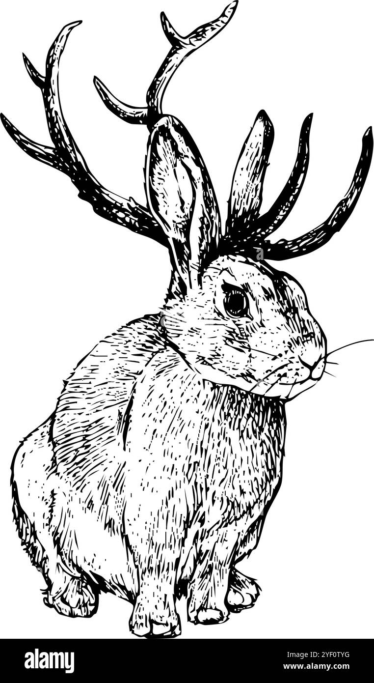 Jackalope - illustrazione disegnata a mano di jackrabbit fantasy | grafica in bianco e nero, ispirata a illustrazioni vintage Foto Stock