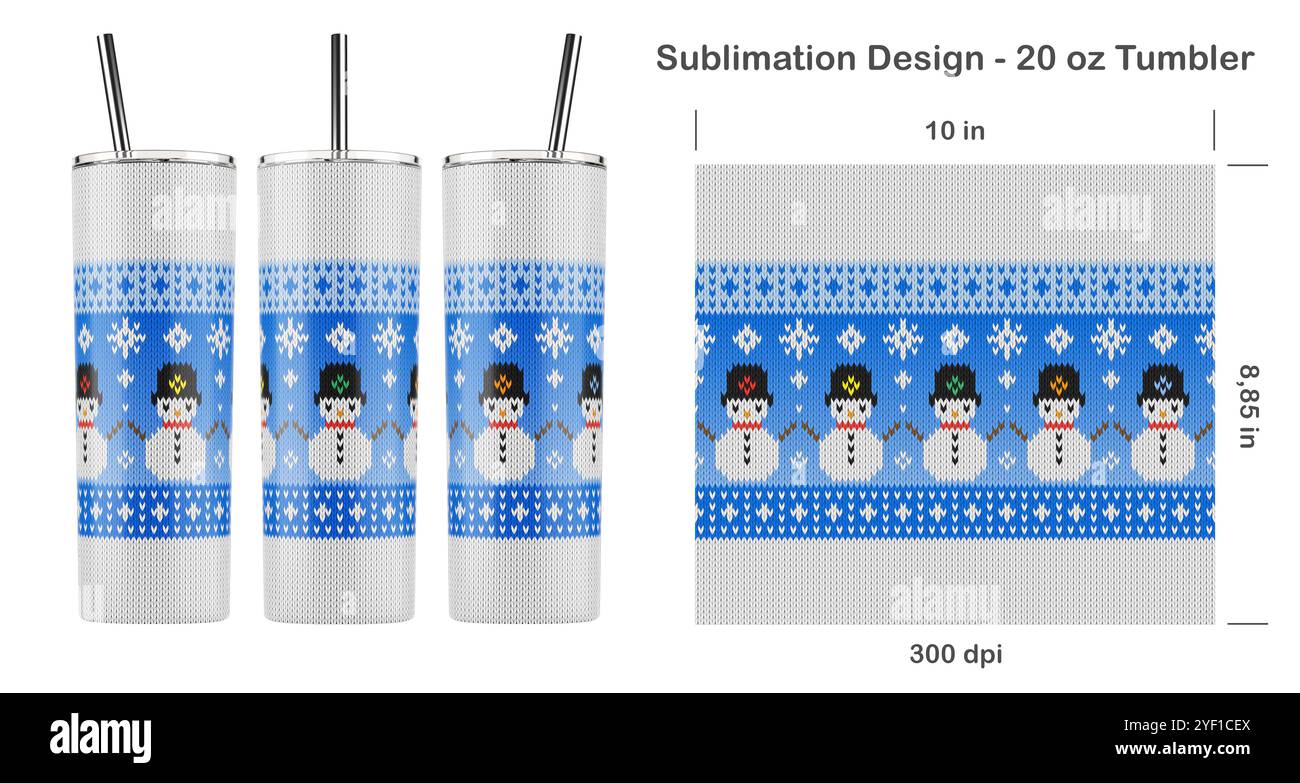 Divertente modello di pupazzo di neve natalizio a maglia. Dima a sublimazione senza cuciture per frusta Skinny da 20 once. Senza cuciture da bordo a bordo. Avvolgimento completo. Foto Stock