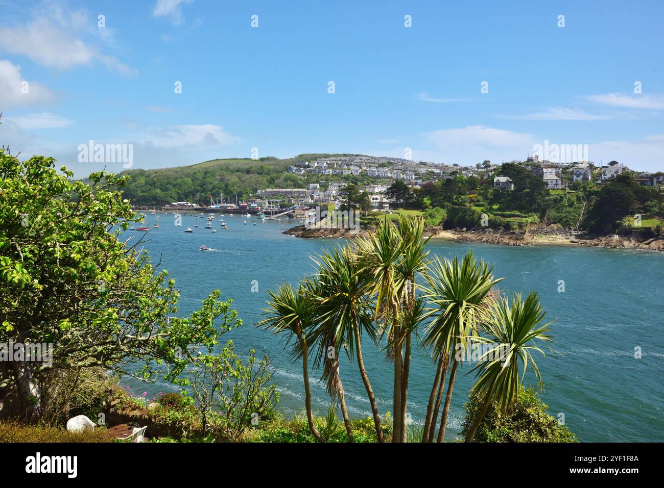 Vista sull'estuario Fowey verso Polruan, Cornovaglia. Foto Stock
