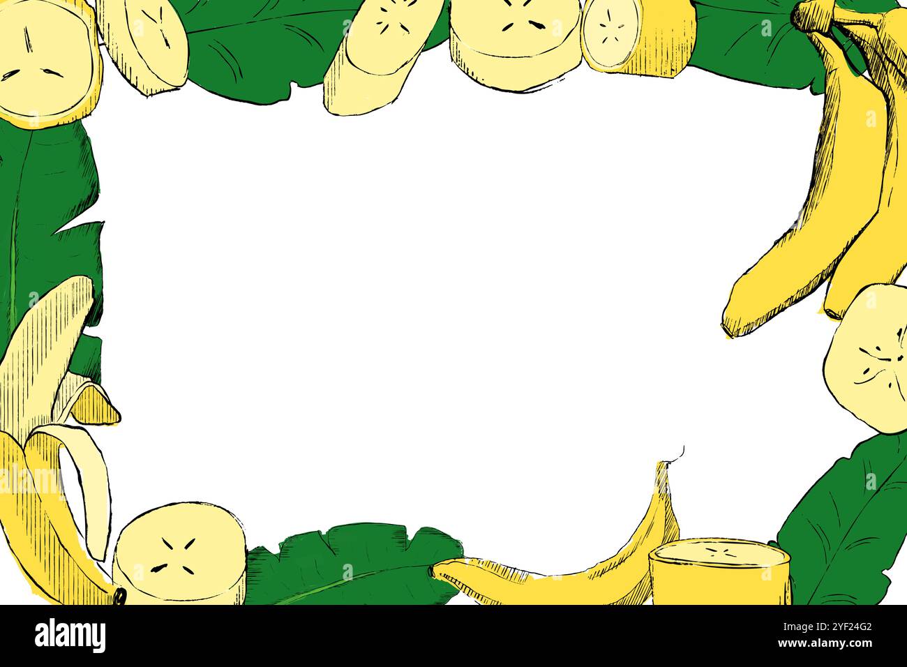 Cornice rettangolare grafica con foglie di banana e fette di banane. Illustrazione botanica disegnata a mano vettoriale isolata su sfondo bianco. Per clip ar Illustrazione Vettoriale