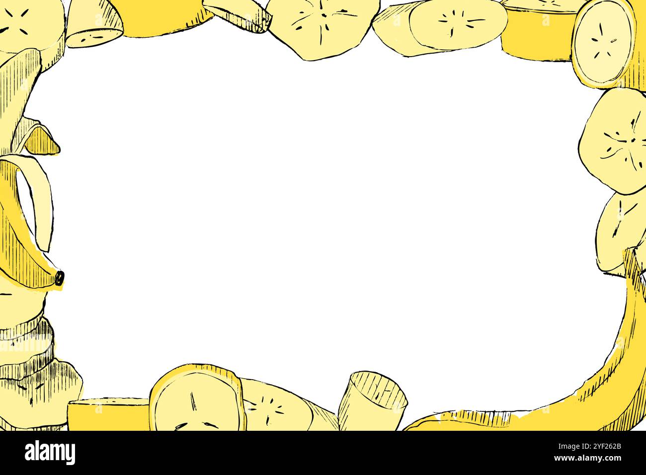 Cornice rettangolare a banana gialla matura fresca. Illustrazione disegnata a mano con acquerello, isolata su sfondo bianco Illustrazione Vettoriale