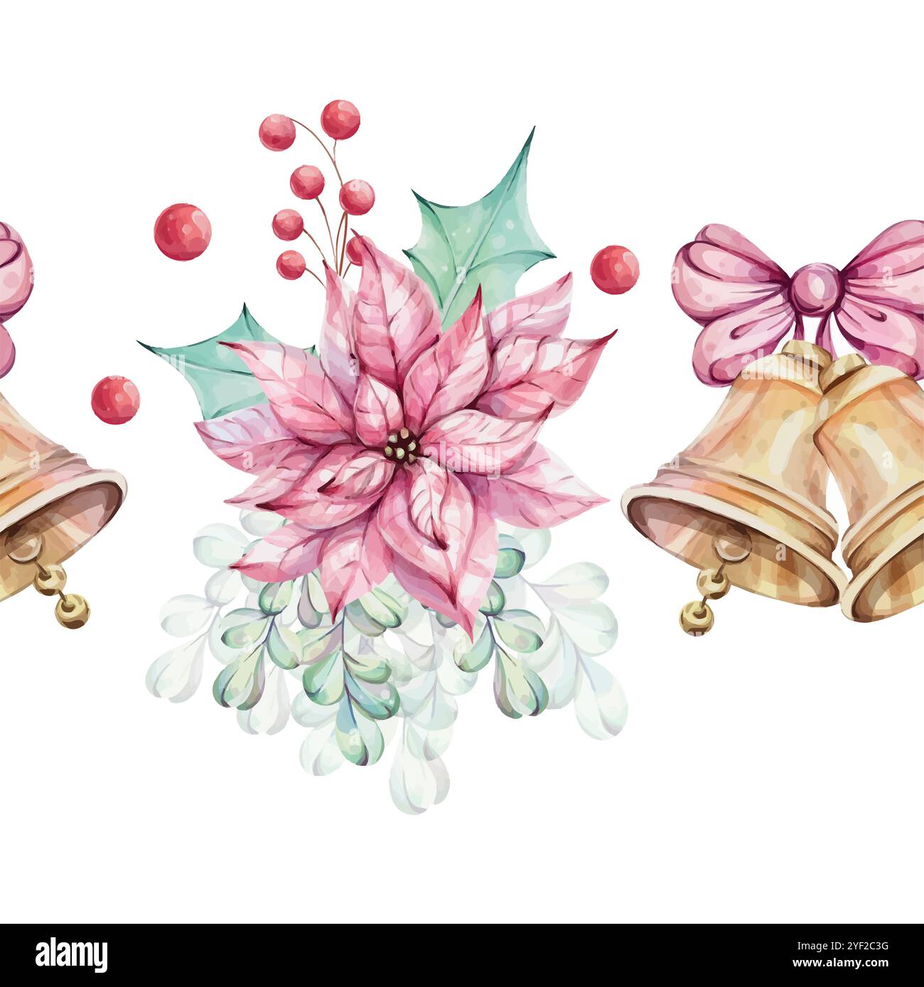 Acquerello natalizio bordo senza cuciture - bouquet di fiori di punta rossa, composizioni con foglie verdi di agrifoglio, bacche rosse. Jingle campane dorate con fiocco Illustrazione Vettoriale