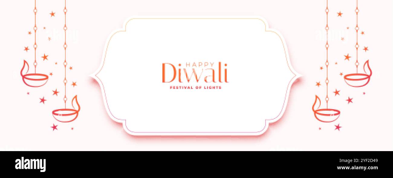 happy diwali banner bianco con diya e stelle Illustrazione Vettoriale