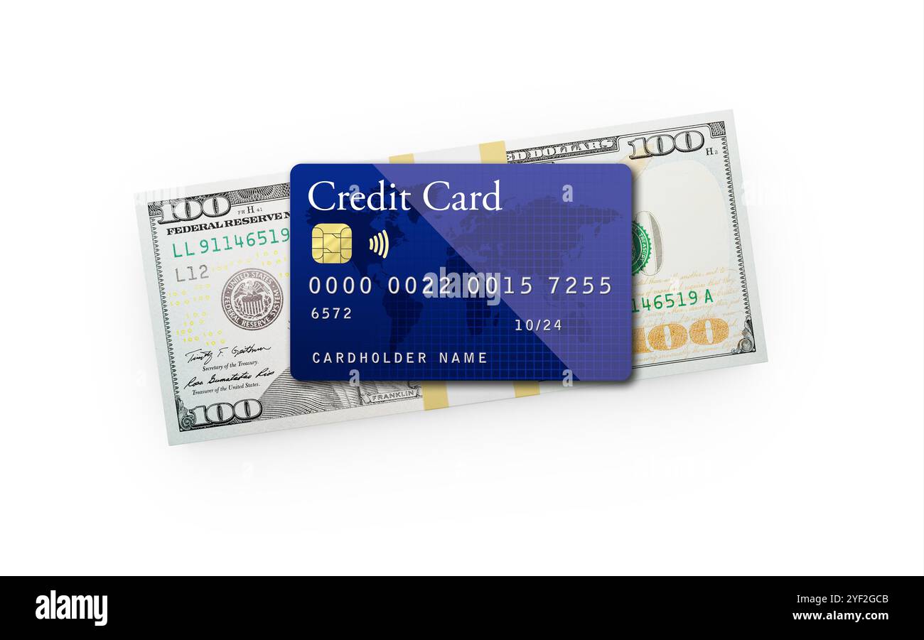 Diecimila dollari pile di cento banconote da dollari con una carta di credito in cima isolata su sfondo bianco. Foto Stock