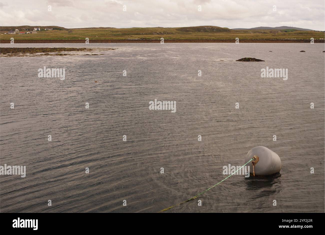 Ammira il lago presso le Callenish Standing Stones, che mostra un boccale nell'acqua e abitazioni sull'altra terra, l'Isola di Lewis, Scozia, Regno Unito Foto Stock