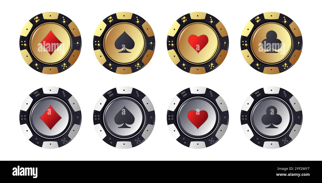 Set di patatine da poker in oro e argento su bianco. Gettoni con simboli di diamanti, mazze, cuori e picche. Disegno dell'icona dei chip vettoriali per la scheda, CA Illustrazione Vettoriale