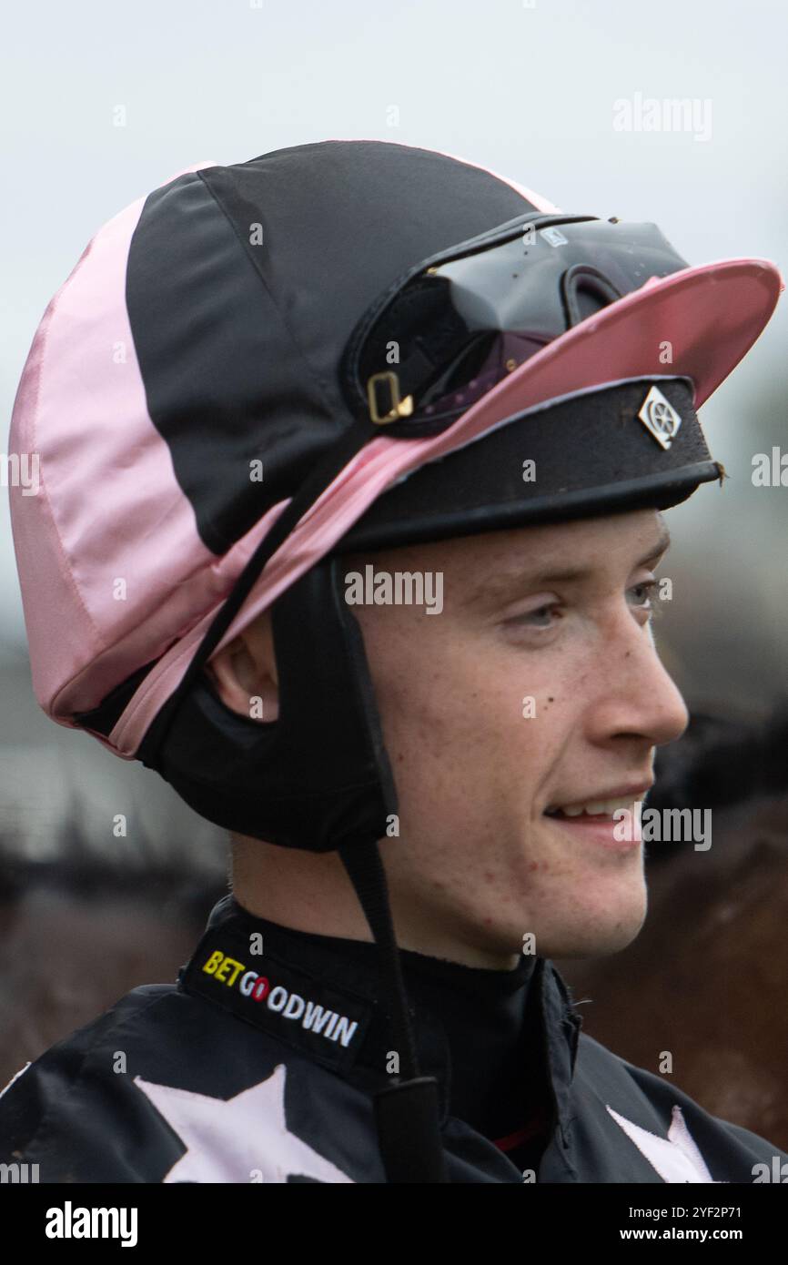 Ascot, Berkshire, Regno Unito. 2 novembre 2024. Jockey Freddie Gordon che ha guidato IL NOSTRO CHAMP per vincere la Lavazza handicap hurdle Race (Classe 2) (GBB Race) al Fireworks Spectacular Family Raceday all'Ascot Racecourse, Berkshire. Proprietario Pearson, Jenner, Hawkings, Dunford & Harding, allenatore Chris Gordon, Winchester, Breeder Fethard Bloodstock, Sponsor Equestrian Fencing & Timber Ltd, Goodwin Racing Ltd Crediti: Maureen McLean/Alamy Live News Foto Stock