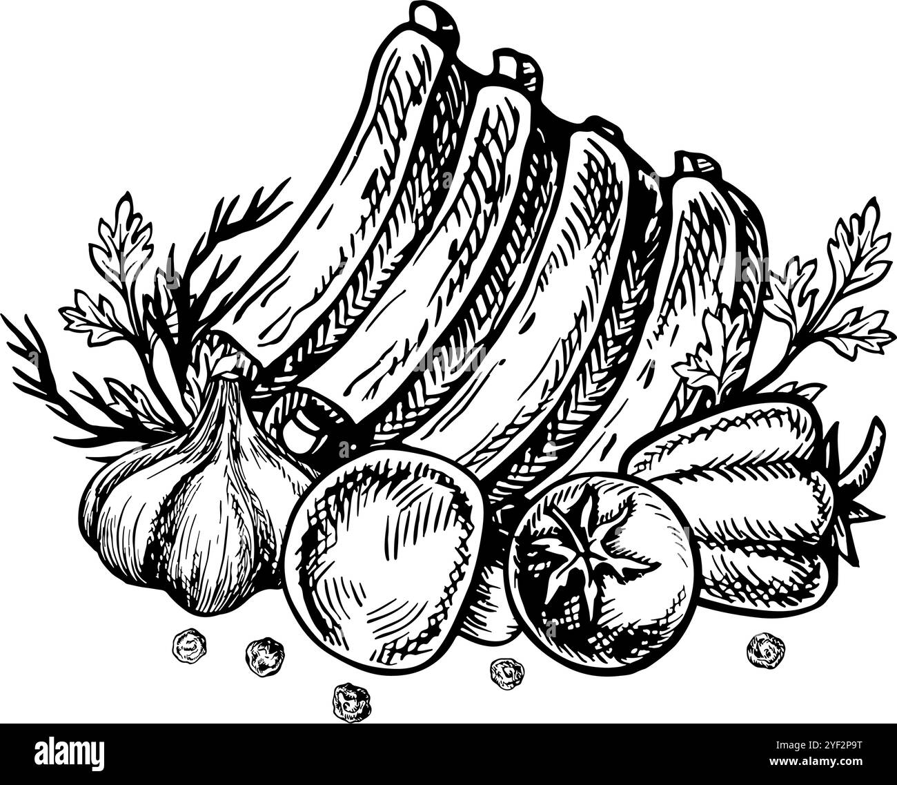 Costolette con verdure. Grafica vettoriale con immagine barbecue. Un'illustrazione in bianco e nero del piatto disegnata a mano. Su sfondo bianco. Per un menu, p Illustrazione Vettoriale