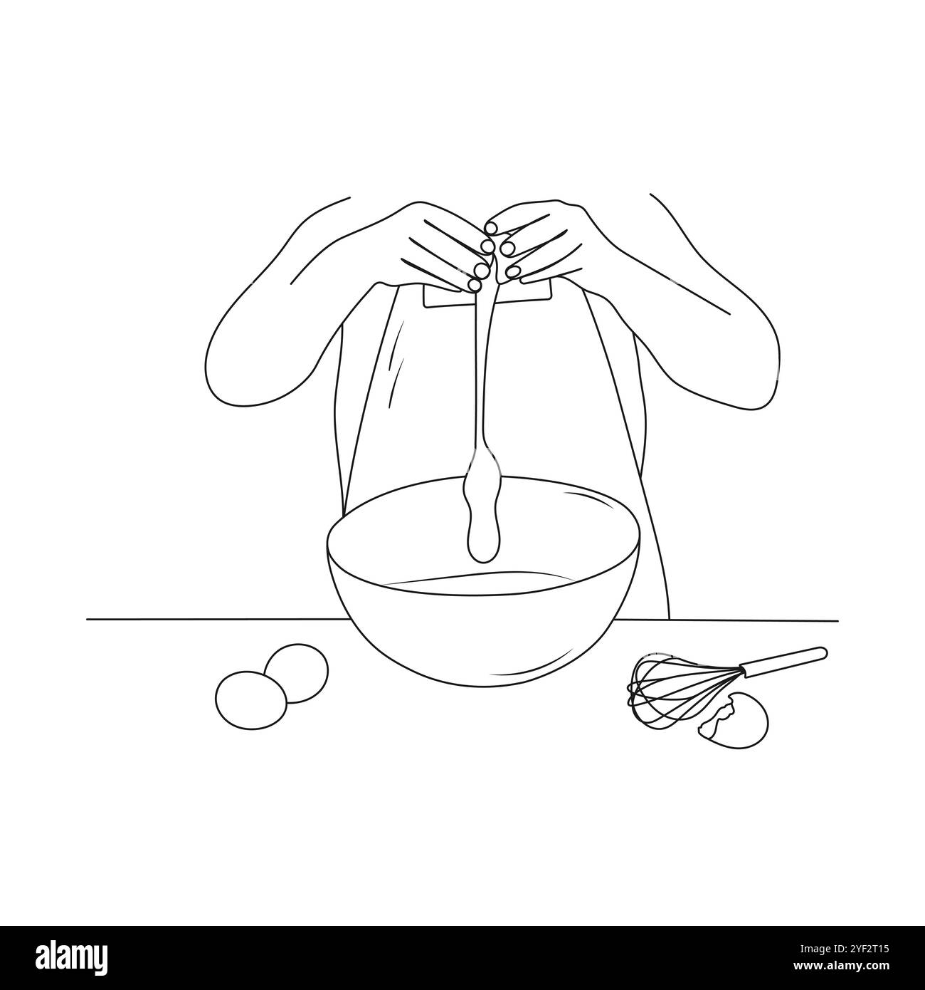 Persona che cucina il cibo con farina e uova. Donna che prepara l'impasto per cuocere in un recipiente. Art. Linea. Illustrazione vettoriale disegnata a mano. Illustrazione Vettoriale