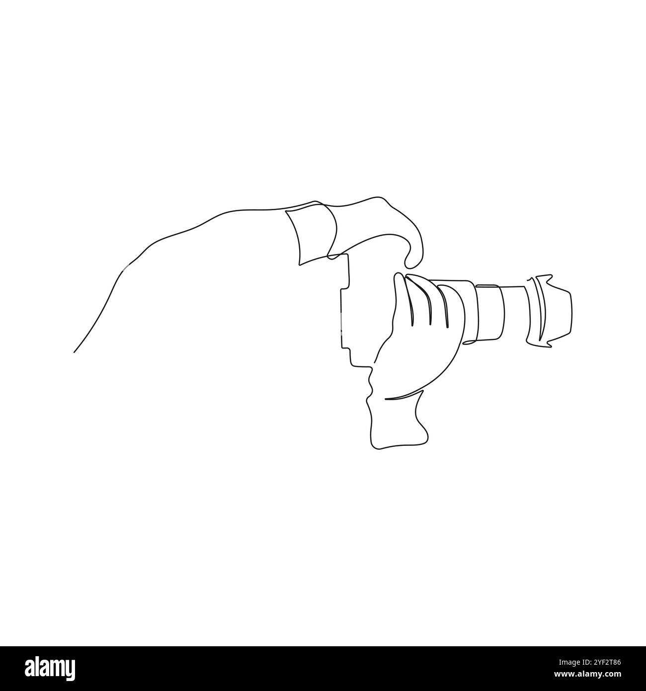 Mani che tengono la fotocamera e scattano foto. Un disegno a linea continua. Fotografo professionista che scatta foto. Illustrazione vettoriale disegnata a mano. Illustrazione Vettoriale