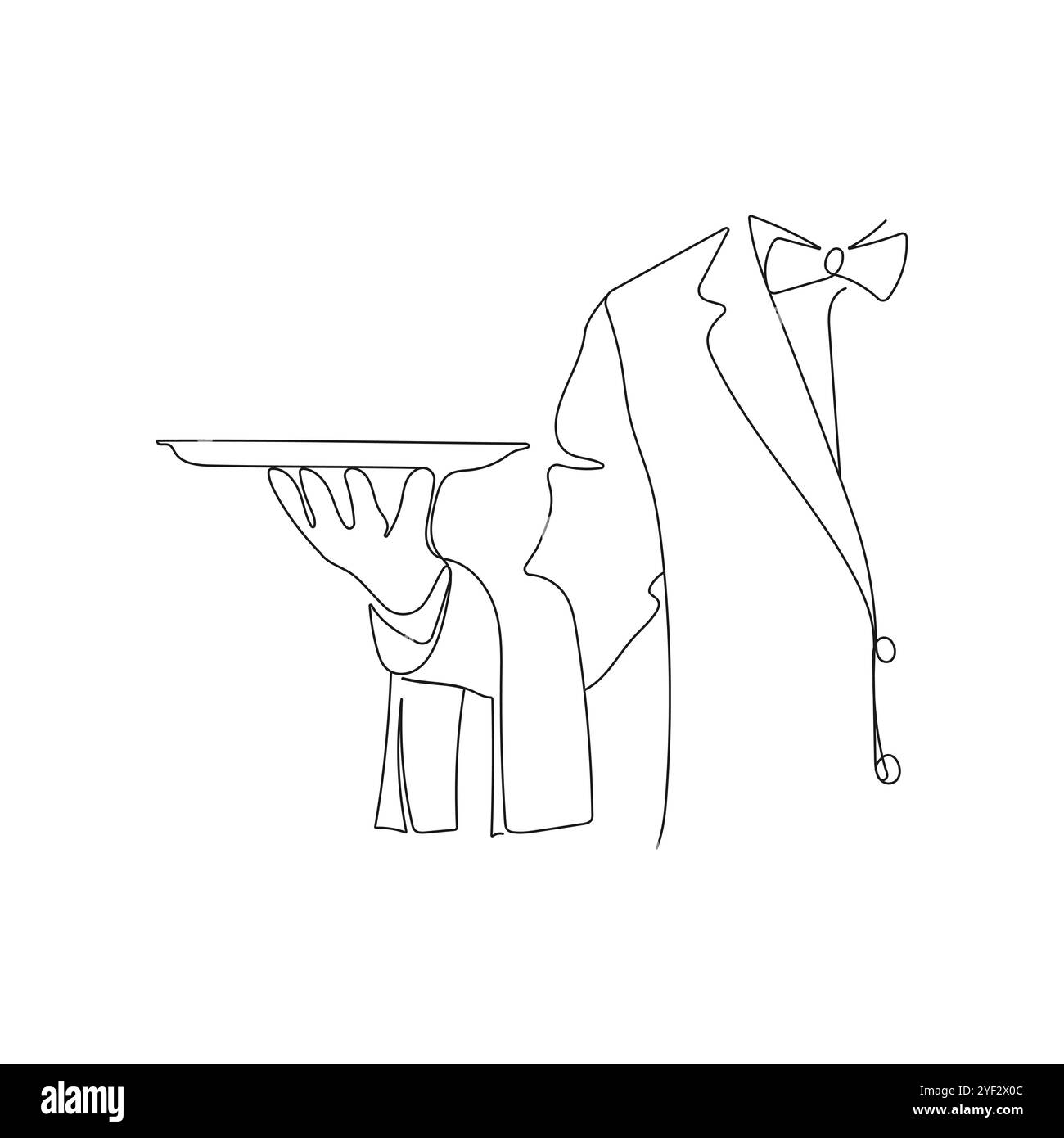Cameriere che tiene in mano il vassoio degli alimenti Arte su una linea. Concetto di operaio del ristorante. Illustrazione vettoriale Illustrazione Vettoriale