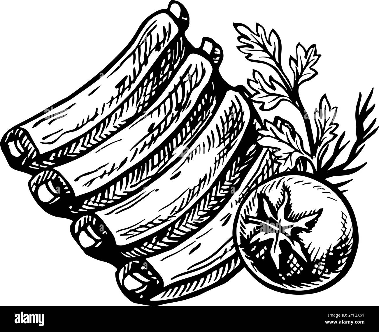 Costolette con verdure. Grafica vettoriale con immagine barbecue. Un'illustrazione in bianco e nero del piatto disegnata a mano. Su sfondo bianco. Per un menu, p Illustrazione Vettoriale
