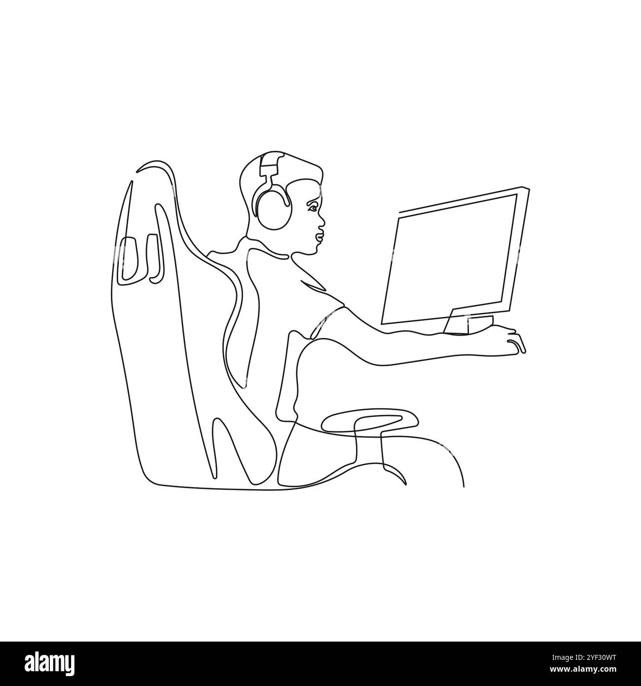 Uomo che impara o lavora online. Arte su una linea. Una programmazione sviluppatore. Il codificatore al lavoro remoto da casa. Concetto di lavoro e formazione online. Illustrazione Vettoriale