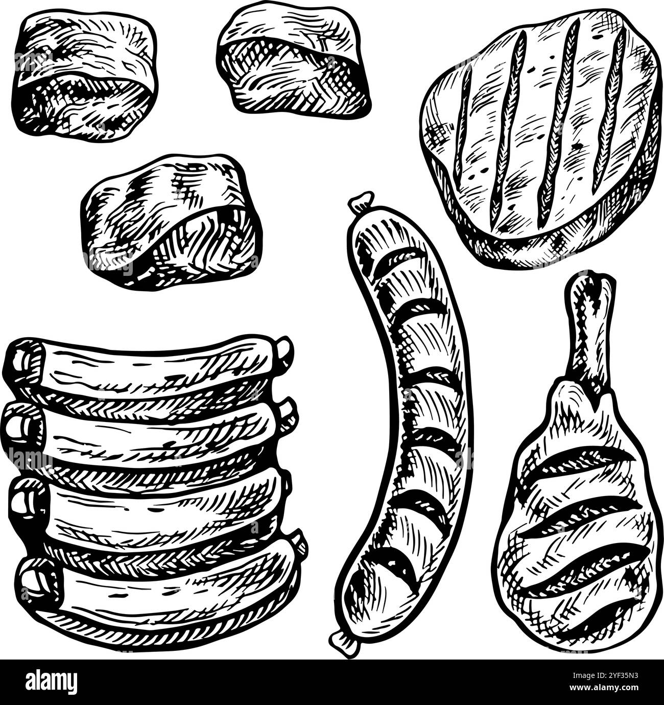 Carne per barbecue e picnic. Grafica vettoriale con immagini di carne fritta di vari tipi. Un'illustrazione in bianco e nero disegnata a mano. Su uno sfondo bianco Illustrazione Vettoriale